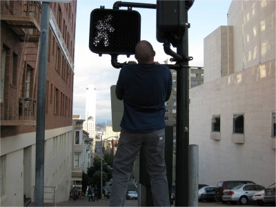 My 34th straight pullup on a crosswalk sign, California Street SF, CA 15 Jun 2009. Photo courtesy of girl in spandex pants.