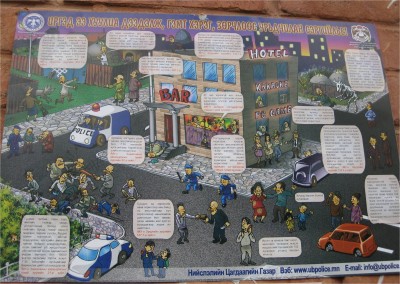 This cartoon of Mongolian laws was posted on the side of a building. I found it hilarious. Obviously, from the poster, it is illegal to get chased by a cow skeleton or punch people. What other laws can you see being broken?