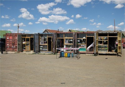 This past year, I've had a fascination with shipping container homes, so I was happy to see this series of shipping container stores in a small Mongolian country town.