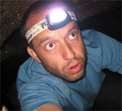 Inside a cave.