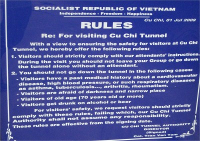 The Cu Chi Tunnels are a vast underground network for covert living, moving supplies and troops, and storage. Additionally, they offer several principles of war like security, maneuever, and surprise. Only a very miniscule portion of the tunnel system is open for tourists. The rest of the tunnels are off limits, except for Vietnamese military...Wikipedia says there are just over 100 kilometers of tunnels, but a guide at the tunnels told me 250...