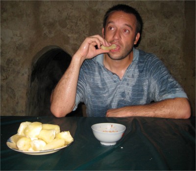 After suffering through the long tunnels, we were treated to a common Vietcong dish, tarot root. It tastes like baked potato and is dipped in a tasty cinnamon, sugar, and peanut dry mix