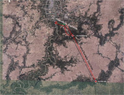 This Google Earth map amended with powerpoint markings shows where the critical points on the bamboo train railway are. The black line is the actual rail line, as depicted by Google Earth. The two towns South of Battambang are the typical bamboo train route, but you can also find operators near the river. My bamboo train ride started at the river, marked with a green arrow, went to Ou Dambong, then turned around, went across the river twice to finish where I started.
