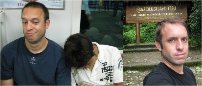 Left: On the subway in Tokyo, Japan, wishing I had a travel buddy sitting next to me, rather than this tired student who decided to use my shoulder as a pillow. Right: At Doi Inthanon, Thailand, taking a blurry picture of myself. There are downsides to traveling alone. Not having a fulltime picture taker is one of them.