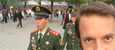 In front of the Forbidden City, soldiers were marching around. I tried to take a self portrait with some of them in the background, and was surprised to see this guy eyeballing the camera. He needs to work on his military bearing!