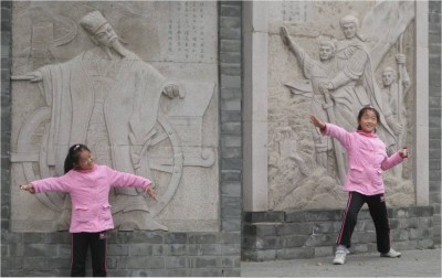 While I literally ran back to the bus stop, backpack bouncing, to stick to my strict timeline, I stopped briefly to get these pictures of a girl imitating art for her mom.